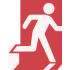Red and white icon of a person running through a doorway, typically indicating an emergency exit route.