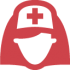 Red icon of a nurse wearing a cap with a white cross symbol on it.