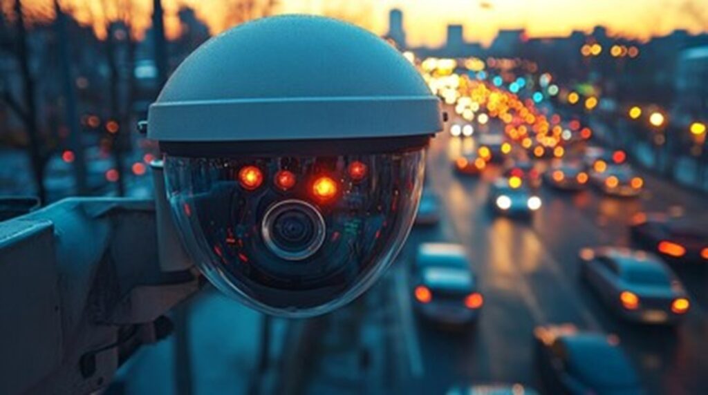 A close-up of a security camera overlooking a busy city street with blurred car lights at dusk.