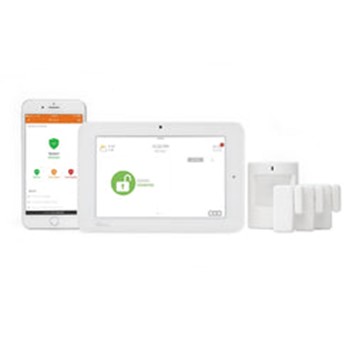 A home security system with a smartphone, control panel, motion sensor, and several door/window sensors displayed.